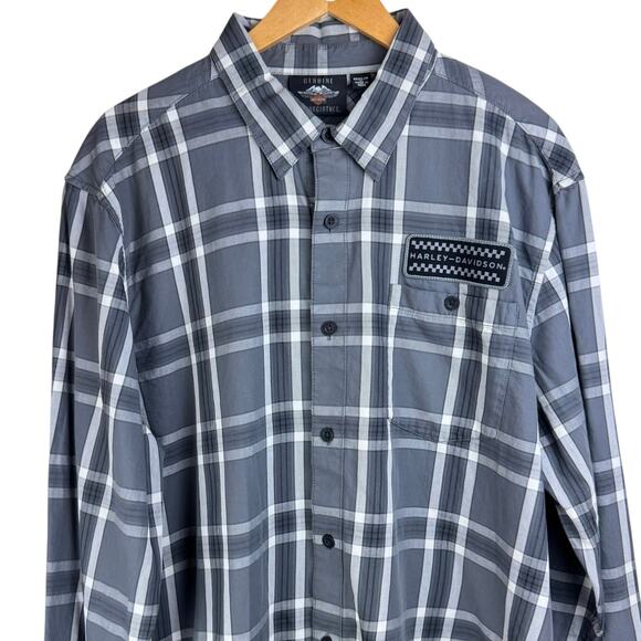 Harley Davidson 100% Cotton Gray Plaid Logo Patch Long Sleeve Button Up Shirt - Picture 5 of 9